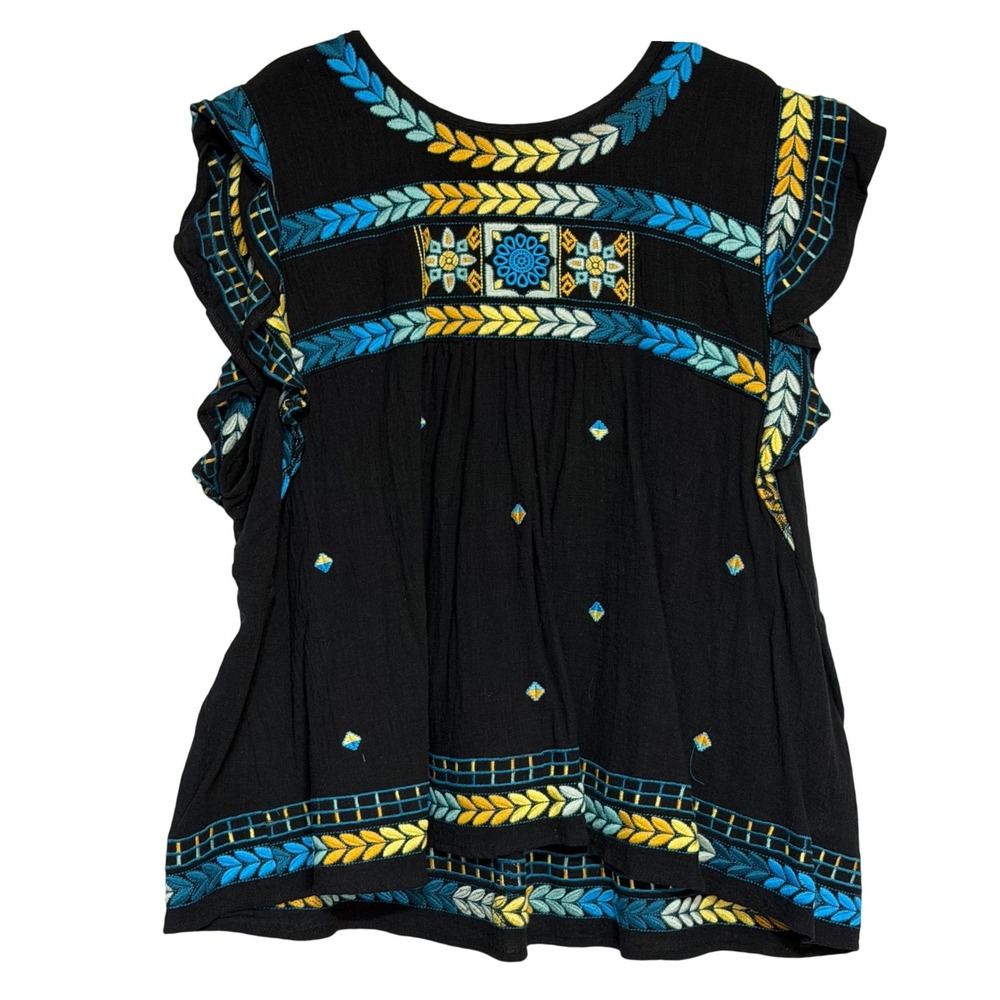 Arula Black Embroidered Boho Flutter Sleeve Top Women's Plus 3X